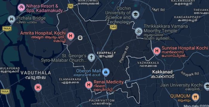 Map showing the 7th Grain store in Edappally, Kochi