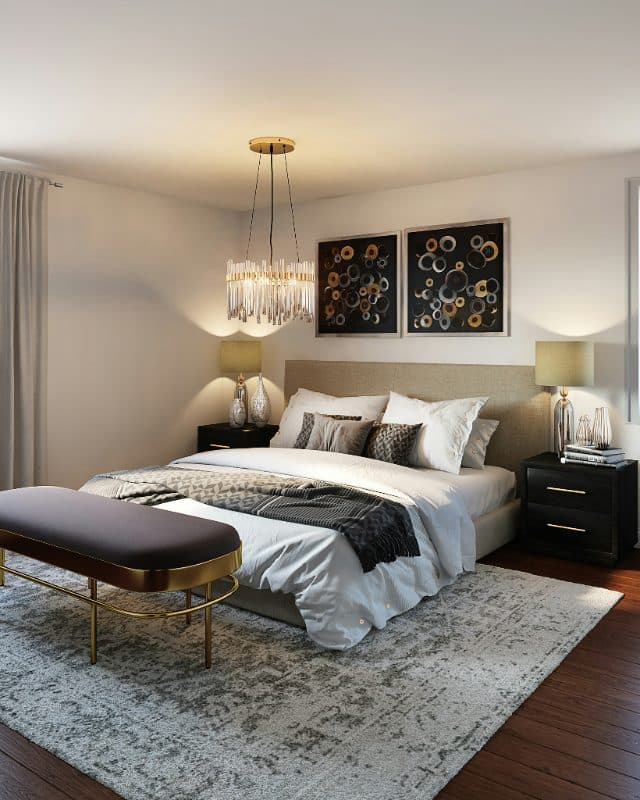 Furnished bedroom with wooden bed